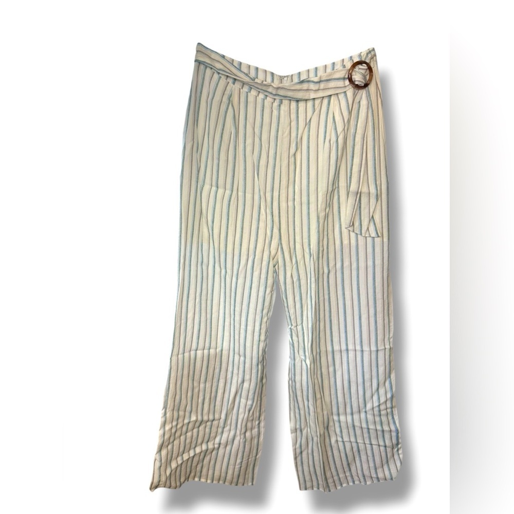 Francesca’s Harper Heritage Striped Linen Wide-Leg Pants w/Belt Ring Detail Sz L